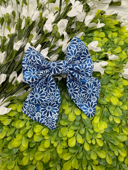 Deep Blue Florals Slide-on Bow